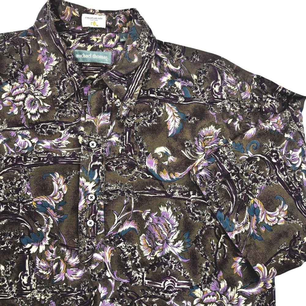 Michael Thomas Mens Egyptian Nile Cotton Baroque Floral Shirt Purple Olive L USA